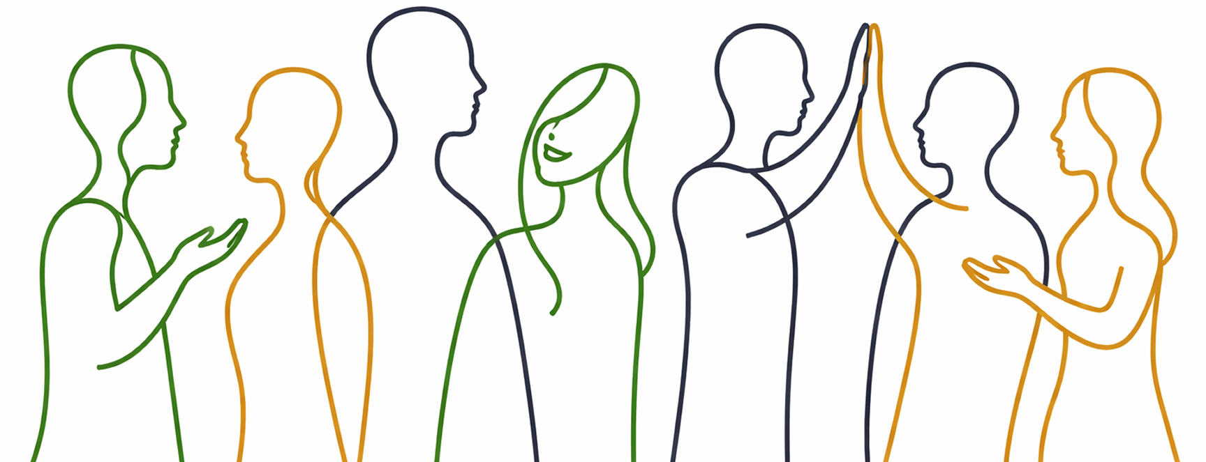 Illustrated outline figures representing collaboration and dialogue.