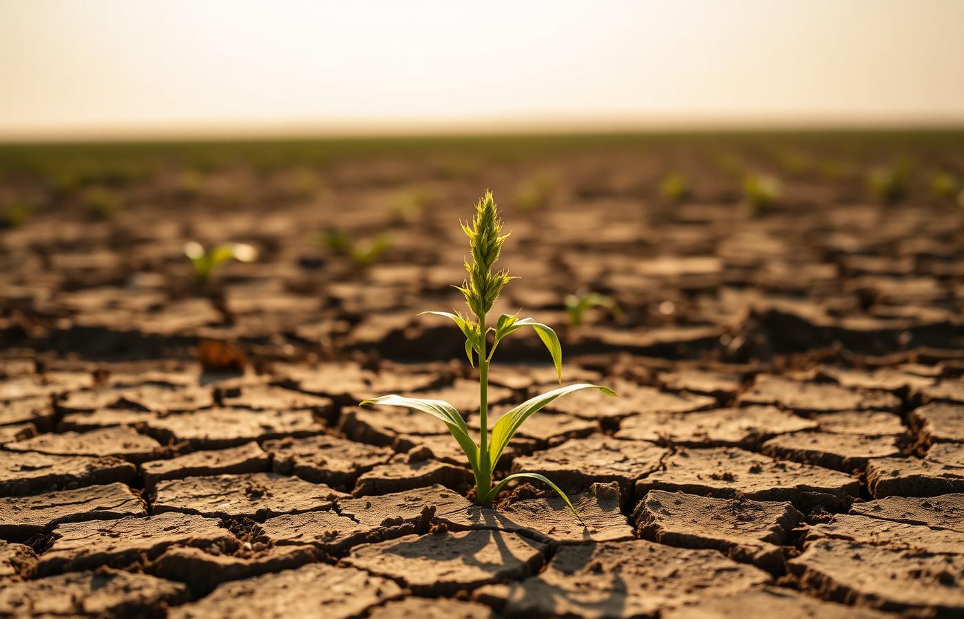 Young corn plants growing resiliently in dry, cracked soil