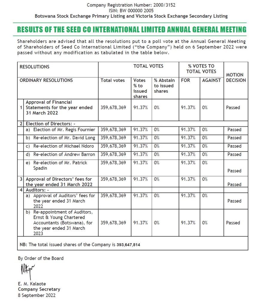 seed co results of the AGM