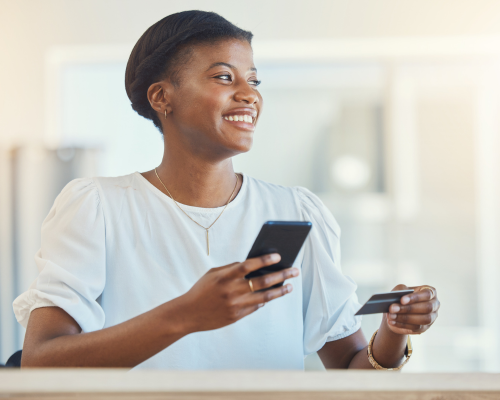 Happy customer using mobile banking