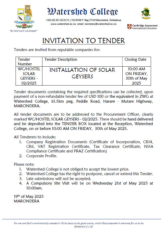 Tender for Installation of Solar Geysers