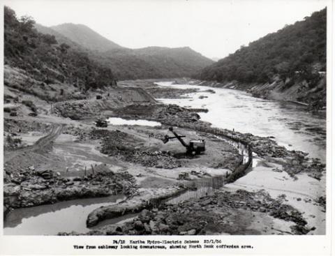 View from cableway looking downstream, showing North Bank cofferdam area